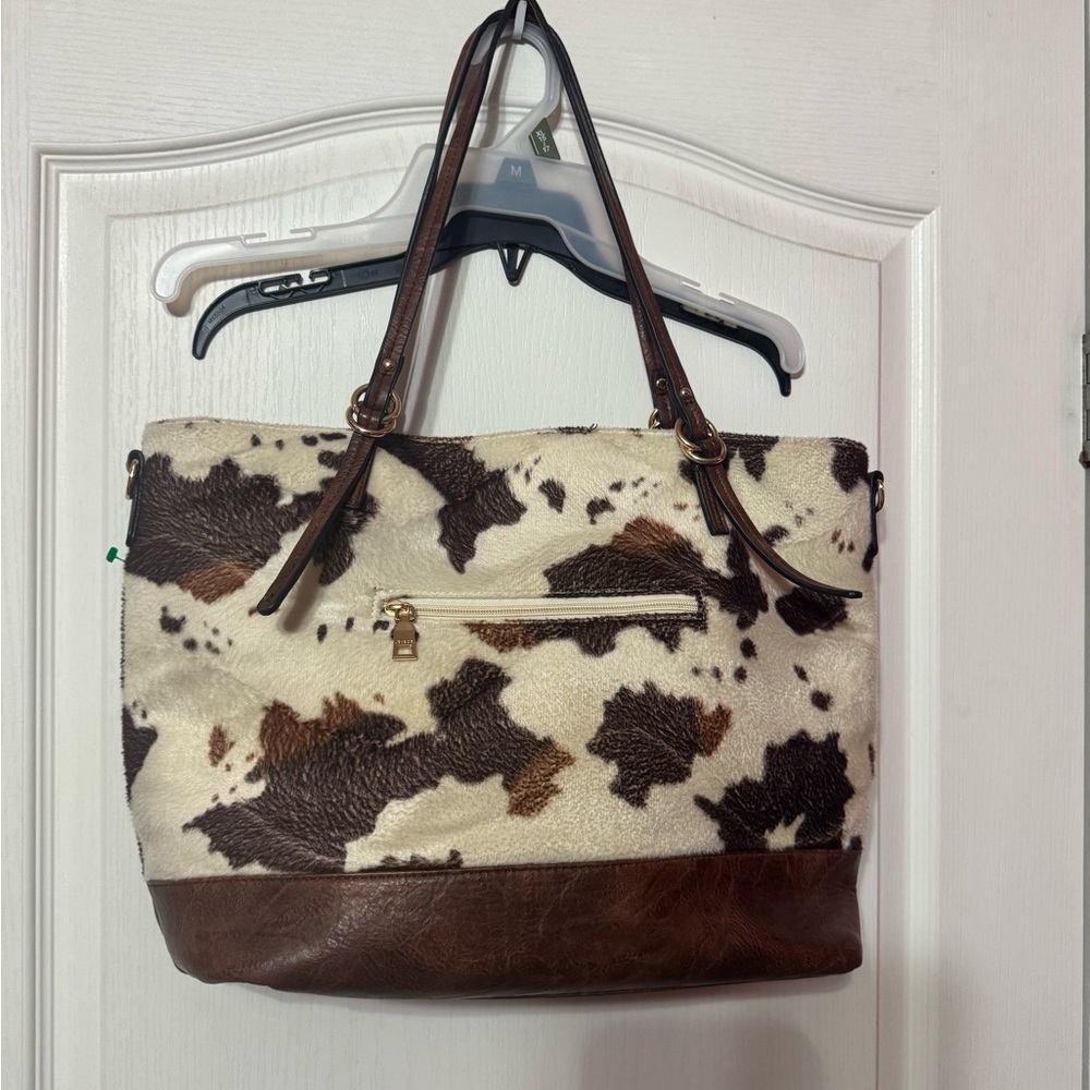 Cowhide Pattern Leather-Trim Tote Bag in Brown and Cream